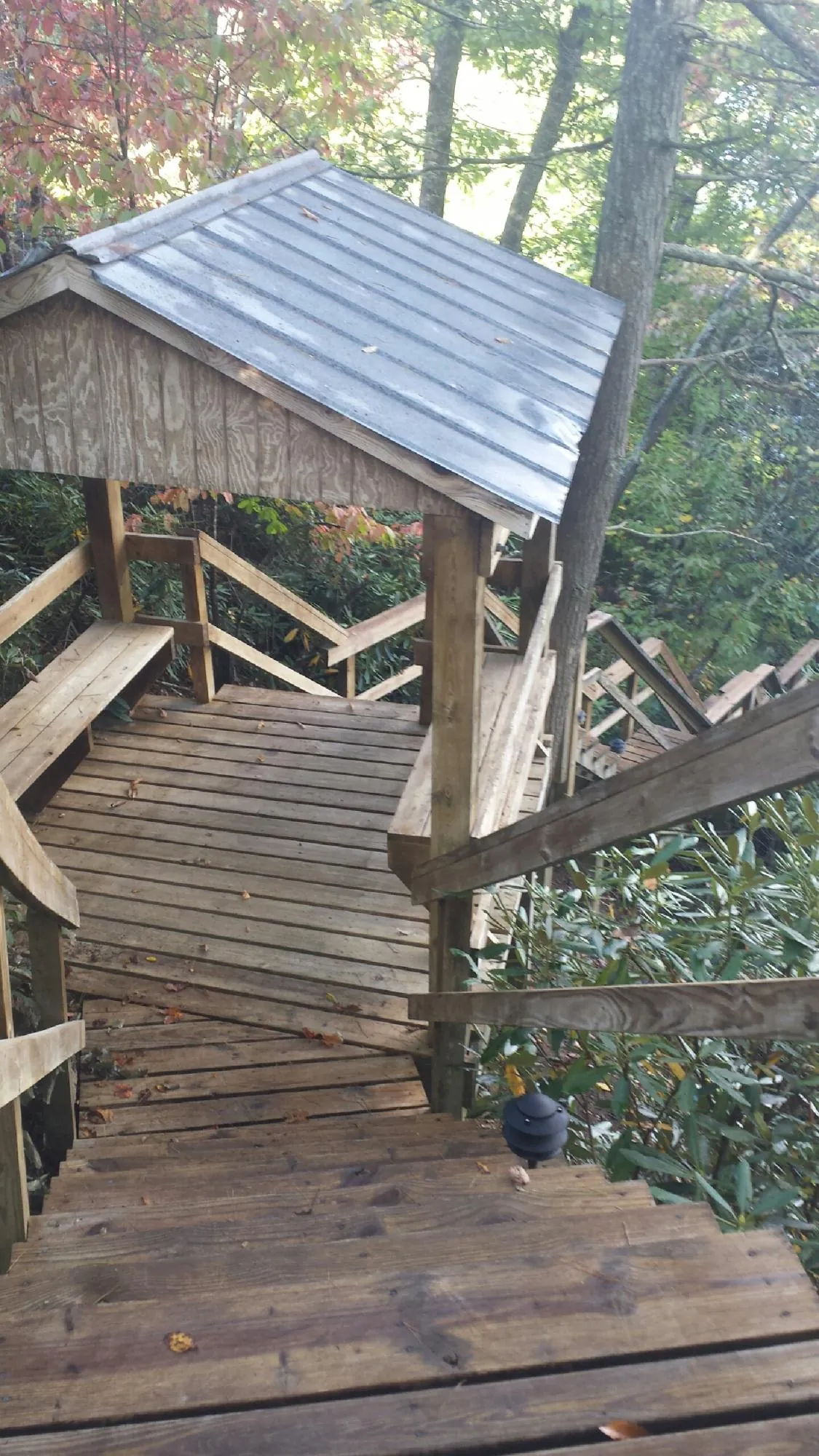 Metal roofed shelter over wooden steps on a wooded walkway — Skylight Repair & Installation work by our crew in Holder